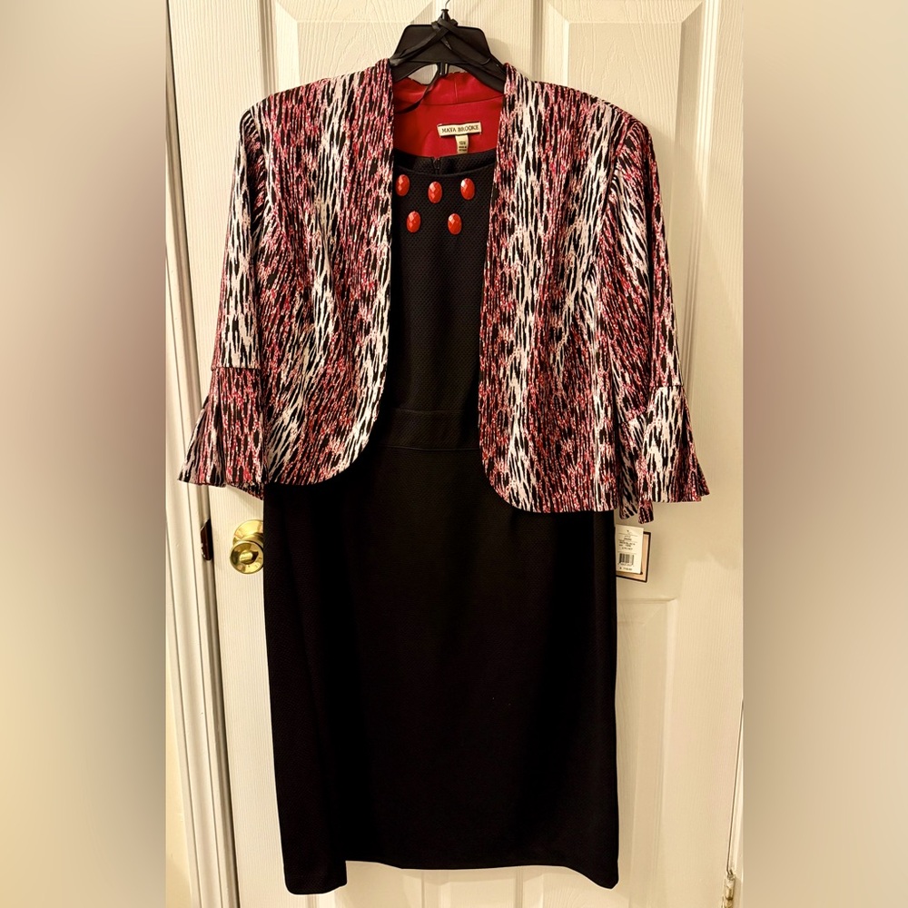 Maya Brooke Chic Black Dress with Red and White Patterned Jacket